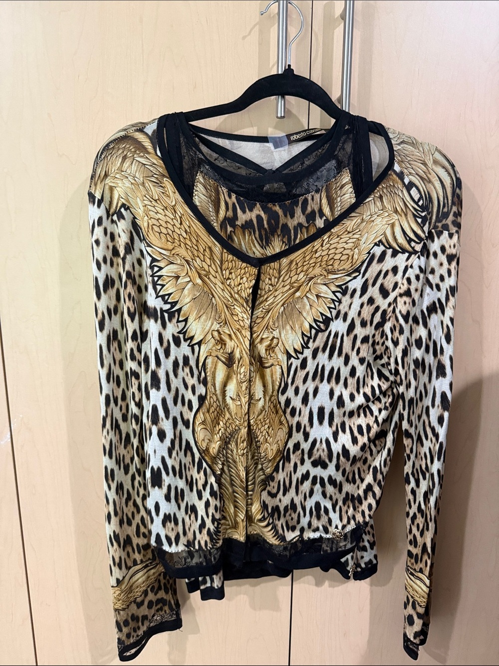 Roberto Cavalli silk Leopard Print Long Sleeve with Gold Wing Motif from Italy